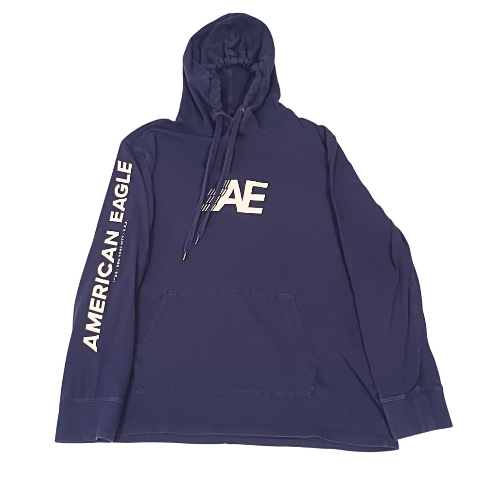 American Eagle Mens Navy Blue Super Soft Logo Graphic Hoodie Sweatshirt Large